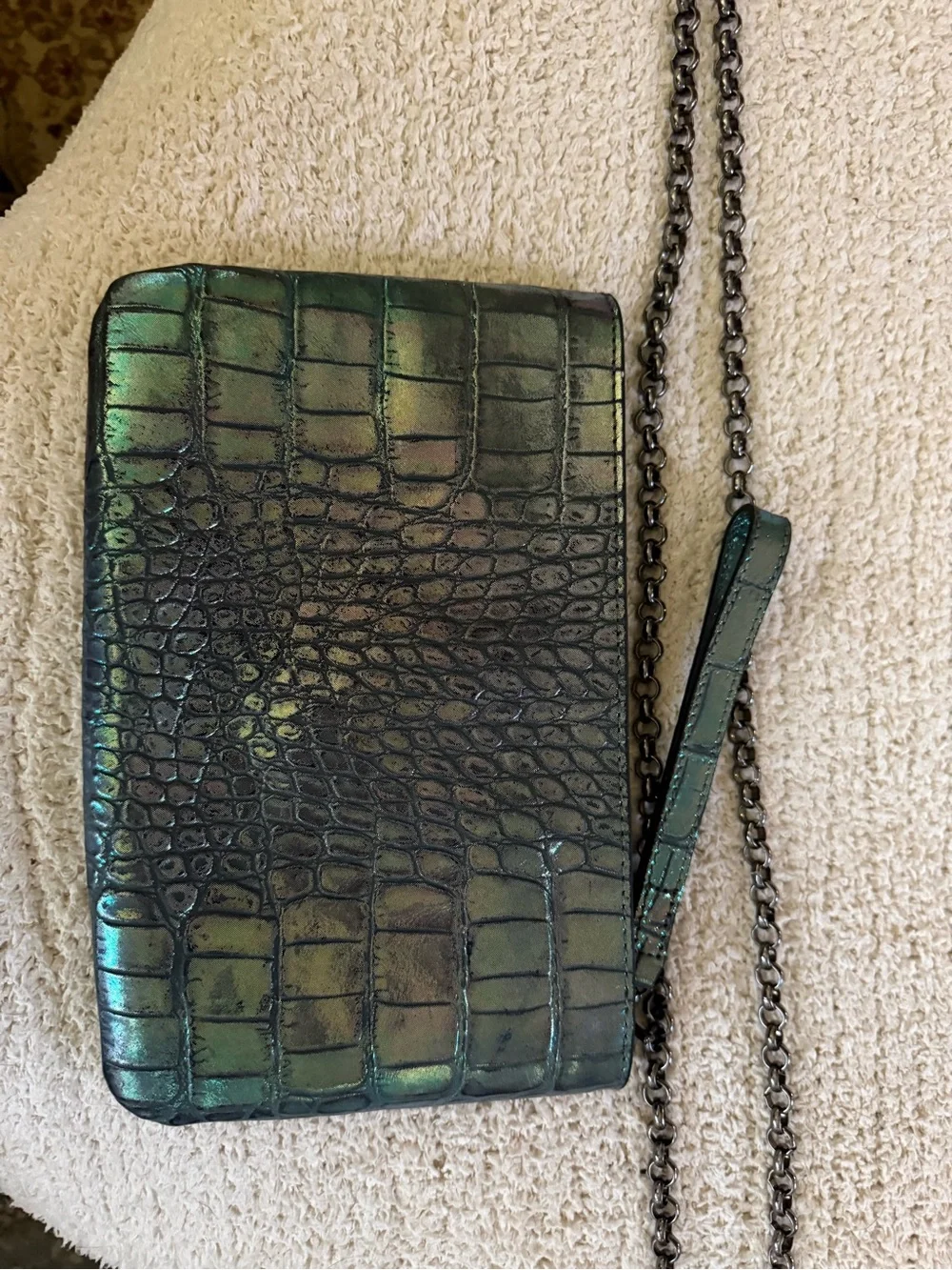 Kelly Wynne Iridescent Green Croc-Embossed Clutch Wallet with strap